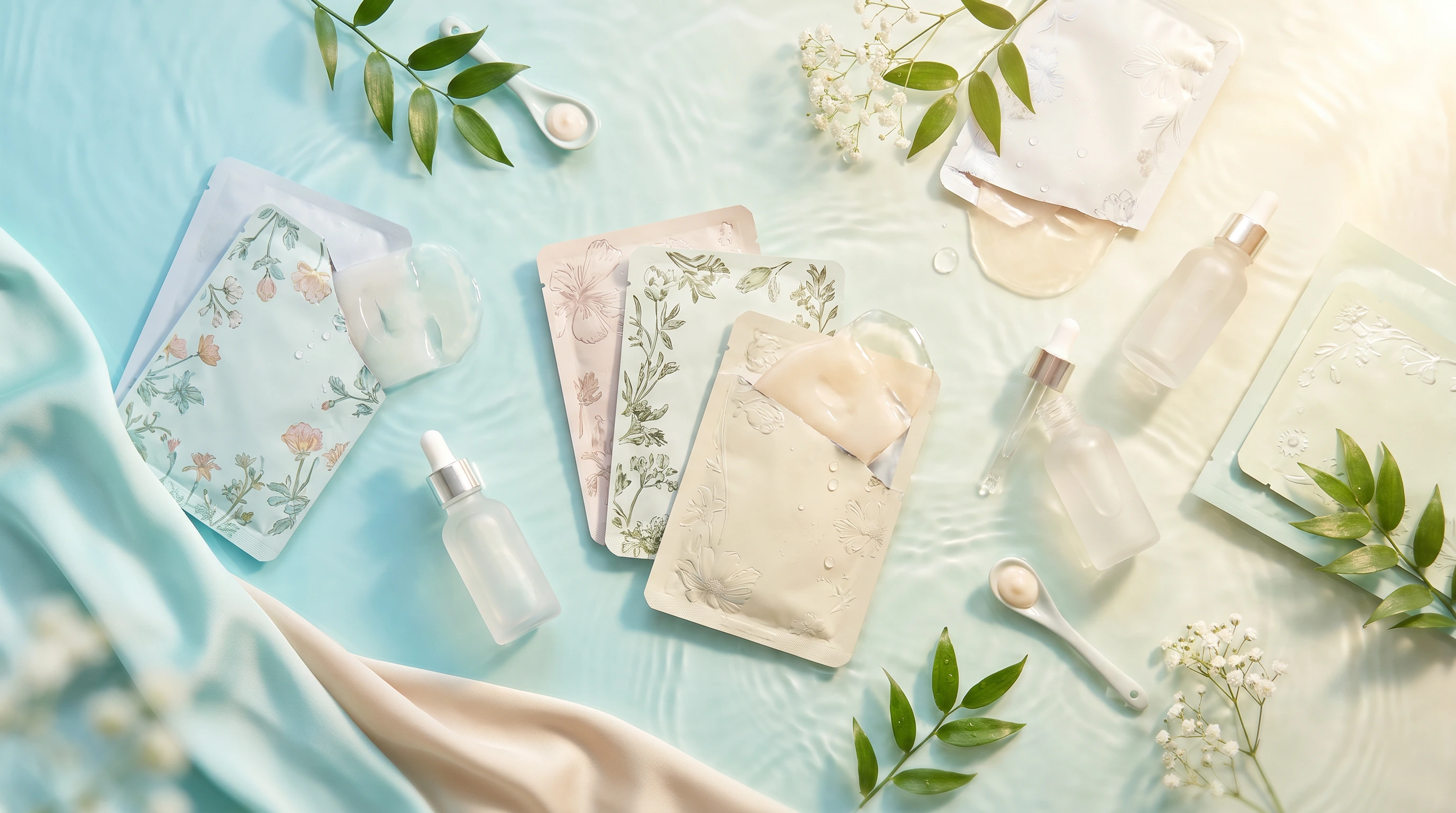 Tiffany Blue 背景下陳列的韓國片狀面膜、安瓶精華及補水護膚品 — K Market Cosmetics 面膜專區